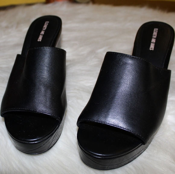 Elizabeth & James Chic Black Faux Leather Open Toe Platform Clogs Mules Heels - Picture 7 of 7